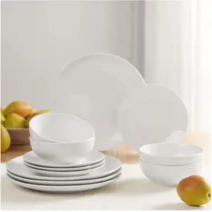 12-Pieces Glazed White Stoneware Dinnerware Set Modern Tableware Sets Bowls