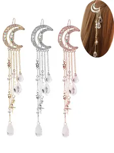 Women's Ramadan Rhinestone Tassel Moon Hair Clip, Vintage Elegant Metal Crystal Buckle Clamp, Party Gathering Use, Hair Clip Hijab