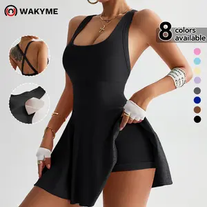 WAKYME Women's U-Neck Tummy Control Seamless Skort Sports Dress with Removable Padding & Backless Design, Womenswear Compression Fit Ribbed Fabric Tummy Control Casual & Elegance Tennis Skirt Gym Workout Clothes Activewear