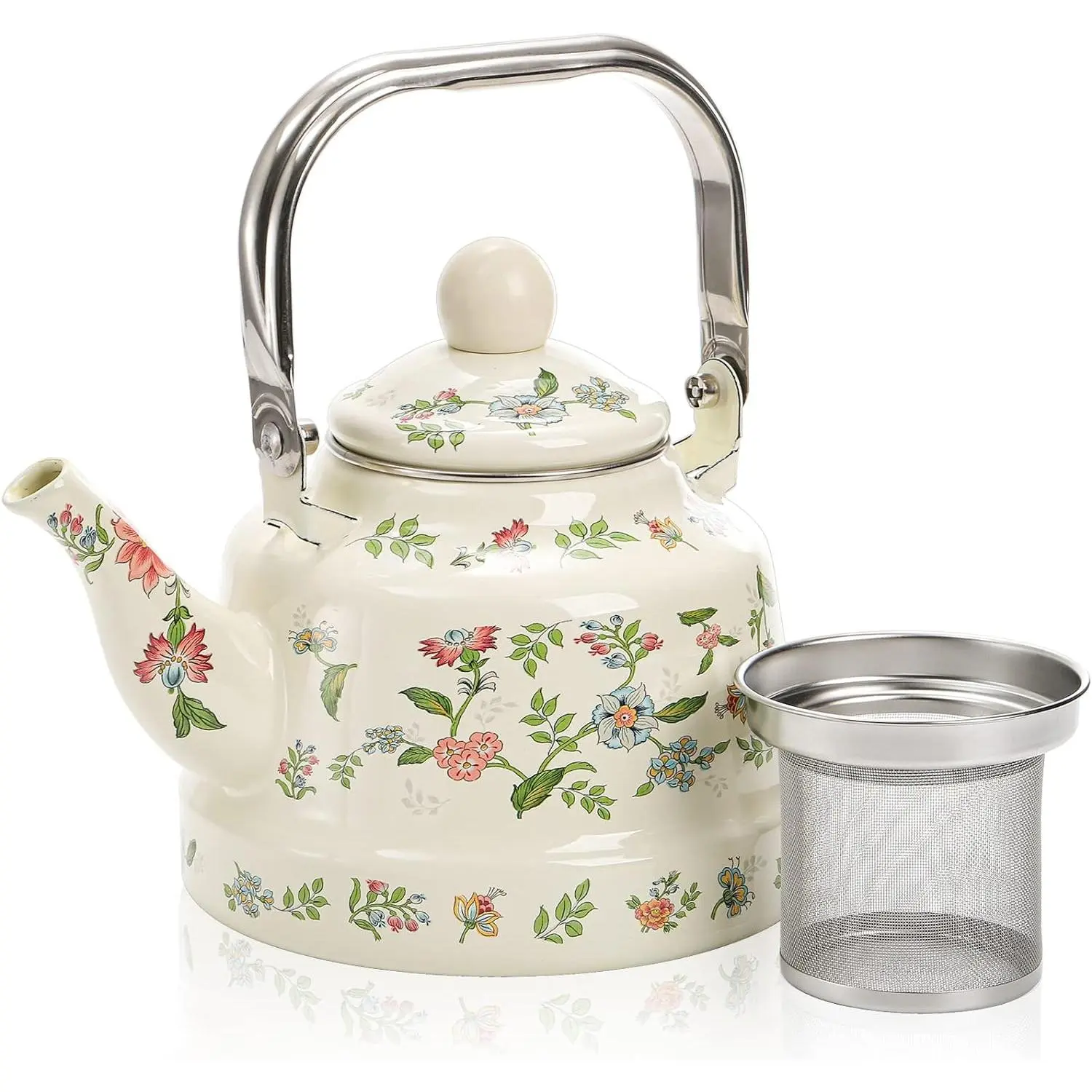 1.8 Quart  Enamel Stovetop  Kettle, Retro Green Floral Enamel on Steel Teapot  Maker with Removable Infuser for  Kitchen Camping,  for Wedding Housewarming Bridal Shower