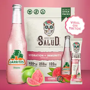 Salud x Jarritos 2-in-1 Hydration Packets + Immunity Electrolytes Powder, Guava - Agua Fresca Drink Mix, Elderberry, Dairy & Soy Free, Non-GMO, Gluten Free, Vegan, 1g Sugar (15 Servings)