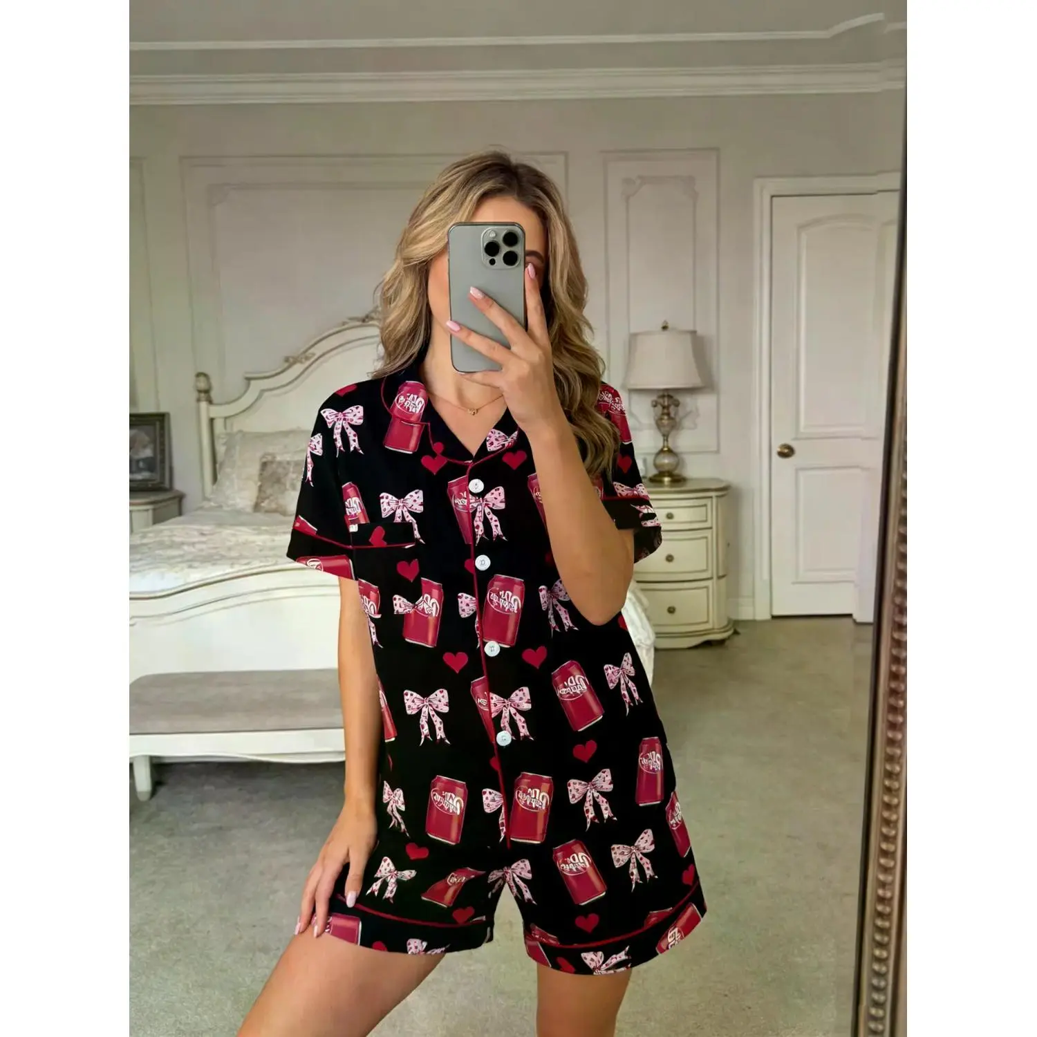 Women's Dr.Pepper Geometric Print Pajama Set - Short Sleeve Lapel Button-Up Top & Elastic Waist Shorts, All-Season Comfortable Cartoon Print Nightwear
