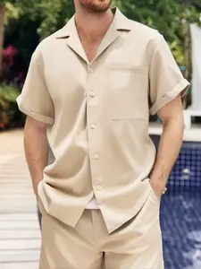 Men's Beige Minimalist, Casual Home Loungewear 2-Piece Set - Short-Sleeve Lapel Shirt (Chest Pocket Design) + Drawstring Waist Shorts, Lightweight Breathable Fabric, Relaxed Oversize Fit, Ideal for Lazy Weekend Lounging, At-Home Light Work Homewear