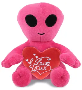 DOLLIBU Unisex Polyester Stuffed Toy - 6in Red Embroidered Heart Plush with "I Love You" Message, Pink Alien Accent, Space Theme, for Ages 0-12