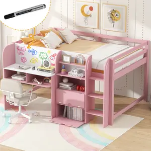 【Bellemave】ll Size Low Loft Bed with Built-in Desk,Storage Cabinets and Open Bookcase,Whiteboard for Graffiti,Pink