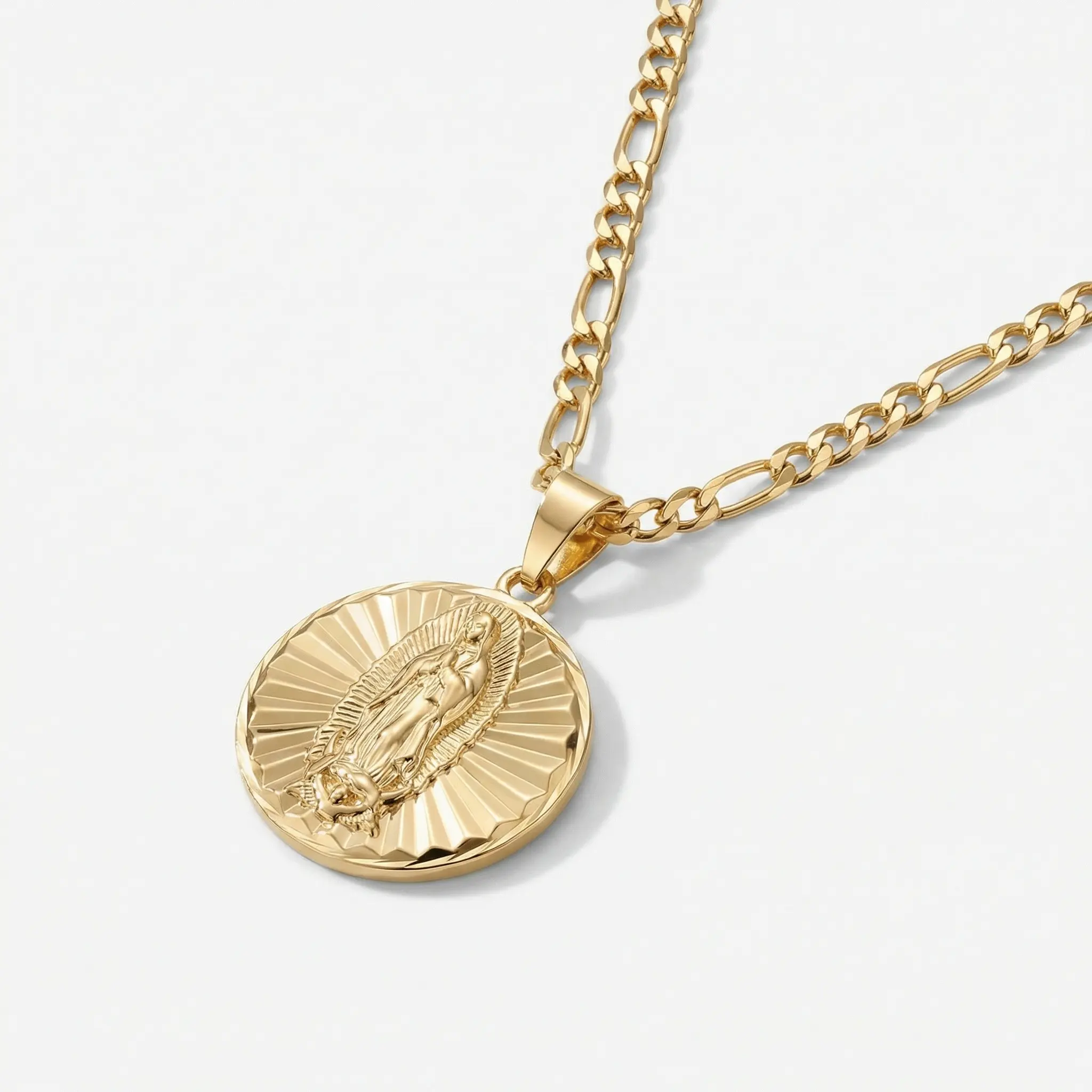 Renza Reversible San Judas y Virgencita Ethnic Gold Necklace - 14-Karat Plated, 22in-3MM Figaro Chain, Men's Costume Jewelry, Ideal Gift for Boyfriend, Mexican Themed Jewelry for Women, Gifts For Boyfriend, 22" Length, Unisex, Men's Jewelry