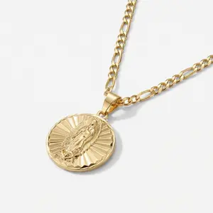 renza Reversible San Judas y Virgencita Ethnic Necklace, 14 Karat Gold Plated, 22in 3MM Figaro Chain