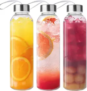 3 Packs Glass Water Bottles with Lid Clear Juice Bottles  Bottle with Stainless Steel Cap Glass Cups Liquid Storage Containers for Juicing Beverage Refrigerator Travel-18oz