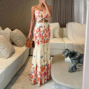 CHICME Women's Floral & Butterfly Print Frill Trim Bandeau Tied Detail Ruched Mermaid Hem Dress Elegant Cutout Front Shirred Ruffle Hem Summer Dress/Vacation Dress