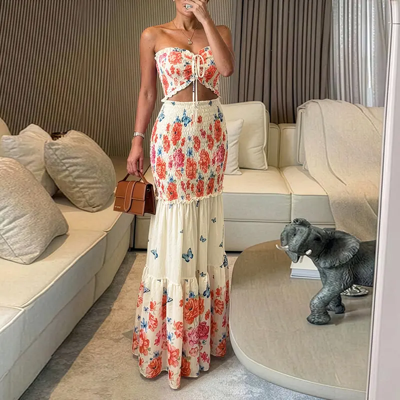 CHICME Women's Floral & Butterfly Print Frill Trim Bandeau Tied Detail Ruched Mermaid Hem Dress Elegant Cutout Front Shirred Ruffle Hem Summer Dress/Vacation Dress