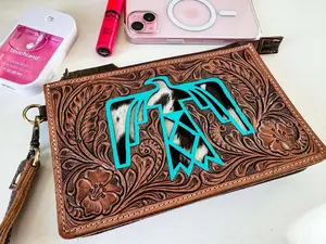 SADIE THUNDERBIRD WRISTLET Western Hand Tooled Leather Cowgirl Wear Yankee Purse Handbag Wallet Set with Turquoise Thunderbird Design and Removable Strap