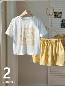 Women's Ocean Print Short Sleeve T-Shirt & Yellow Check Skirt 2 Piece Set, Casual Daily Wear
