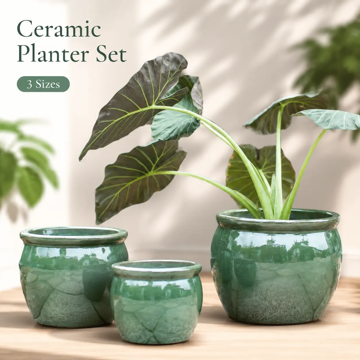 littleox Handmade Dark Green Glazed Ceramic Planter Set of 3, 15/12/9 Inch Diameter, Solid Glossy Finish, for Succulents & Herbs Outdoor Garden & Indoor Staircase Use, Breathable Clay with Drainage Holes