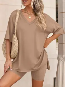 Buttery Soft & Stretchy: The Ultimate 2-Piece Oversized Set for All-Day Wear The Go-To Travel Outfit: Wrinkle-Free V-Neck Tee & Shorts Co-ord Loungewear#Summervibes