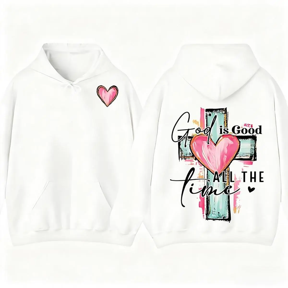 Brushstroke God Is Good All The Time Christian T-Shirt Hoodie Religious Tee With Hand Drawn Cross Design Made In USA For Women For Men [Lolly & Lace 180G/230G 100% cotton short-sleeve/hoodie, soft and comfortable]