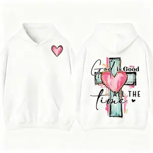 Brushstroke God Is Good All The Time Christian T-Shirt Hoodie Religious Tee With Hand Drawn Cross Design Made In USA For Women For Men [SaffronSequin 180G/230G 100% cotton short-sleeve/hoodie, soft and comfortable]