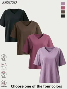 Jxgogo Plus Size V Neck Short Sleeve T-Shirt, Women's Loose Fit Sport Top, Breathable Yoga Fitness Casual Wear, All Season