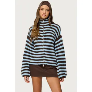 High Neck Striped Zip Up Sweater