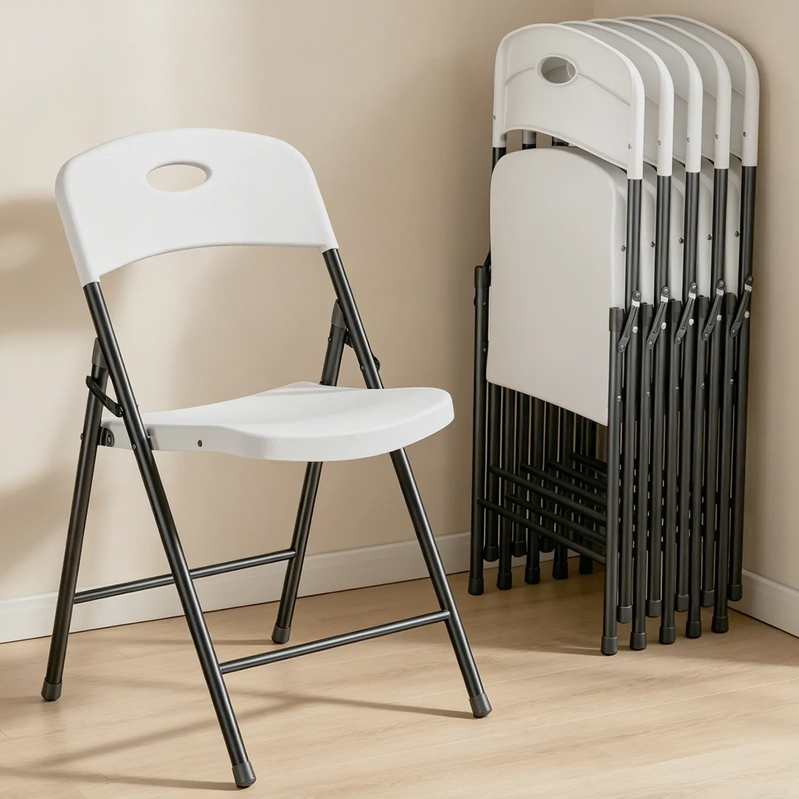 Folding Chair - Ergonomic Back, 330 Lbs Weight Capacity, Stackable, Portable, Armless, Plastic Seat, Contemporary Vanity, Chair for Bedroom, Indoor/Commercial, Outdoor Patio Use, Metallic Neutral Smooth Comfy Dining Room Furniture modern