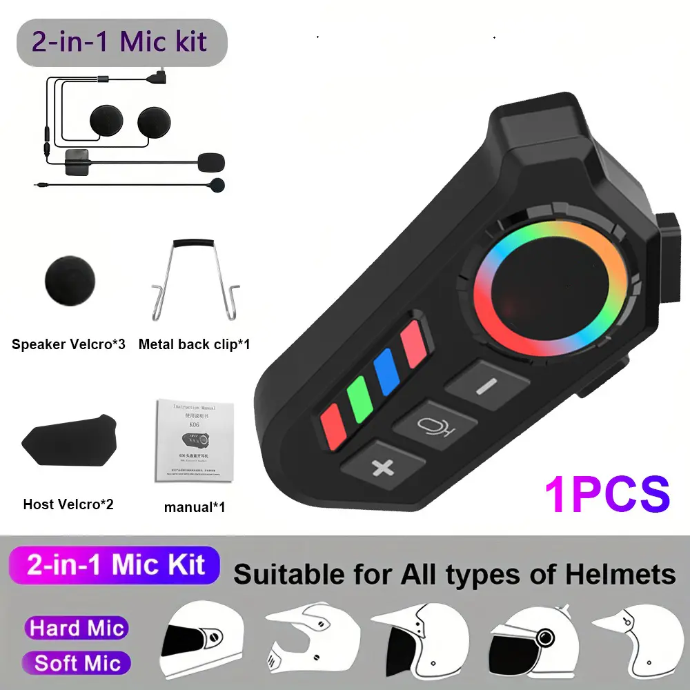 Motorcycle Helmet Bluetooth Headset – Wireless 5.3 Speakers with Hard & Soft Mic, Hands-Free Calling & Music, Split Installation for Full Face & Half Helmets