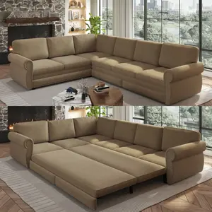 118" L-Shaped Sofa Couch with Pull-Out Bed,Oversize Convertible Sleeper Sofa with Nailhead Trim & Rolled Arm,Chenille Upholstered Sectional Couches, for Living Room, Apartment, Office,Camel