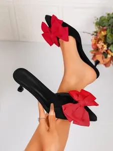 Bow Pointed Toe Slip-On Shoes, Fine Heel Cat Heel Mules, Summer Outdoor Elegant Closed-Toe Sandals for Women
