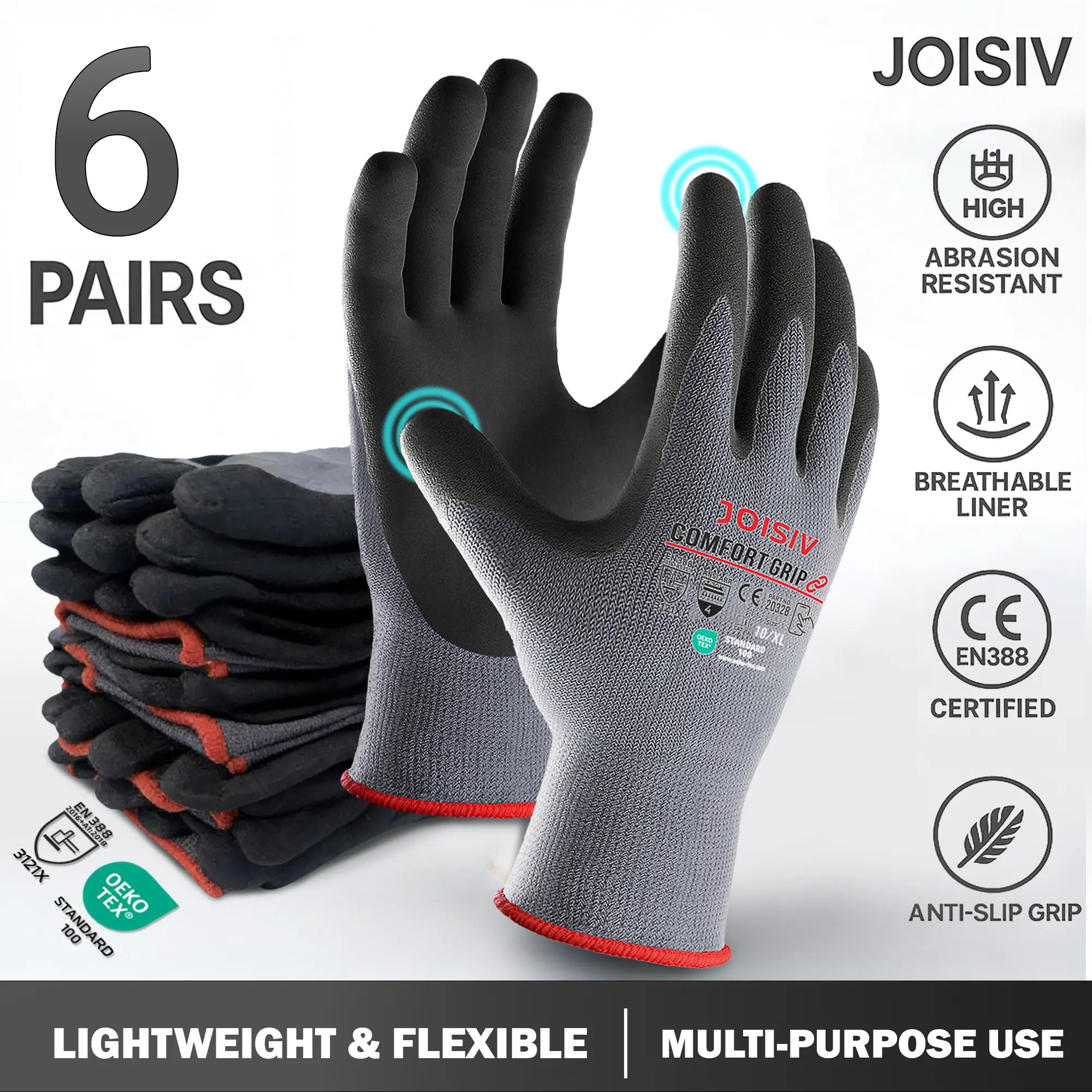 6 Pairs Microfoam Nitrile Coated Safety Work Gloves, Multipurpose Work Gloves, Anti Slip Gloves, Non-Slip, Lightweight, Durable, for Home Improvement, Gardening, Construction, Auto Repair, Orange & Grey