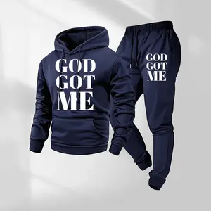 Men's God Got Me Letter Printed Hoodie and Drawstring Sweatpants Set, Menswear, Casual Athletic Long Sleeve Hooded Jacket & Trousers for Fall & Winter, Men's Clothing for Daily Wear, Sportswear Indoor Outdoor, Tracksuit, Athleisure Summer Clothes