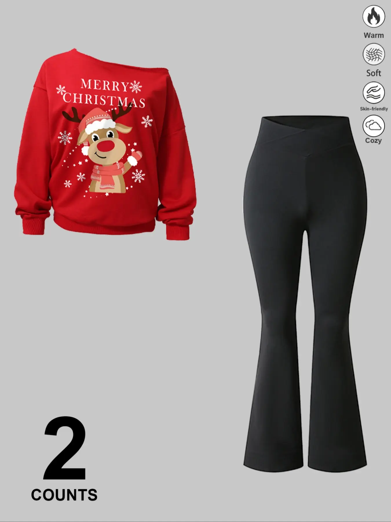 Women's Christmas Sexy Set, Asymmetrical Top + Tight Pants with Deer Pattern, Casual Knit Fabric, Soft and Versatile, Perfect for Holidays