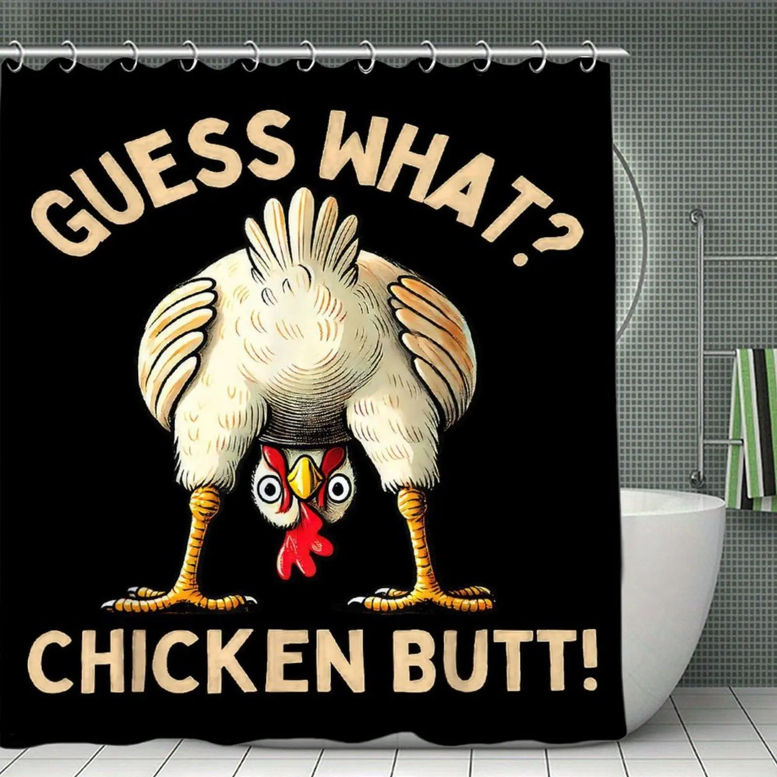 Hilarious "Guess What? Chicken Butt!" Waterproof Polyester Shower Curtain, Quick-Dry Fabric Bath Curtain for Bathroom Decor