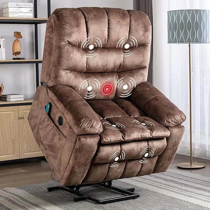 Heavy Duty Single Seat Electric Power Lift Recliner Chair for Elderly - Massage & Heat, Safety Motion Mechanism, USB Ports, 2 Hidden Cup Holders, Brown