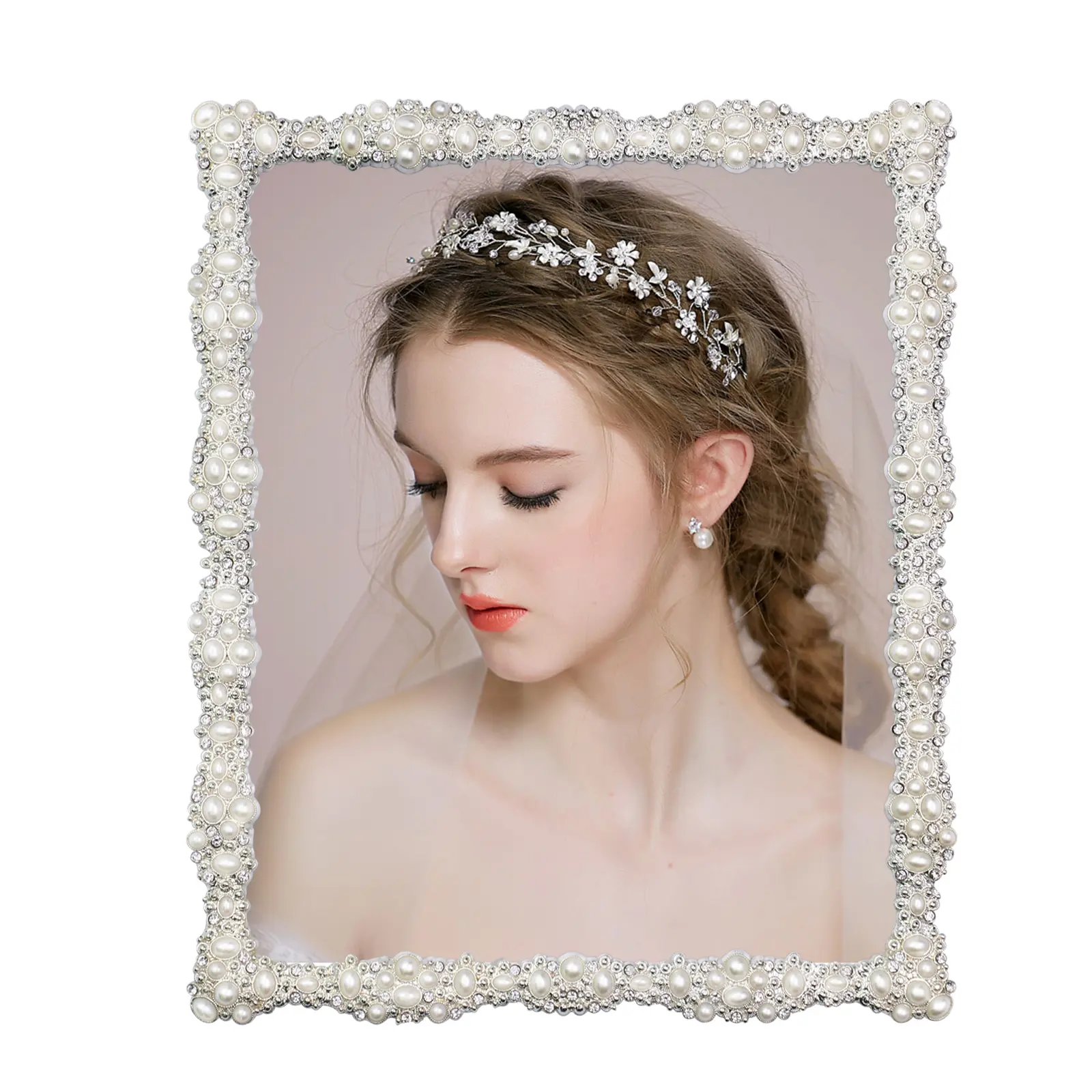 8x10 Pearl Picture Frame with Crystal for Wedding Gift ,Silver Plated with High Definition Glass Photo Frames with Rhinestones Horizontal and Vertical Decor