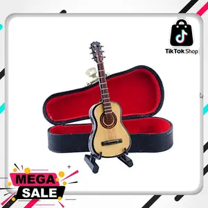 Wooden Miniature Guitar with Stand and Case Mini Musical Instrument Guitar Replica Collectible Figurines Dollhouse Accessories Model Home Decoration Display Ornament (3.94"x1.42"x0.59")