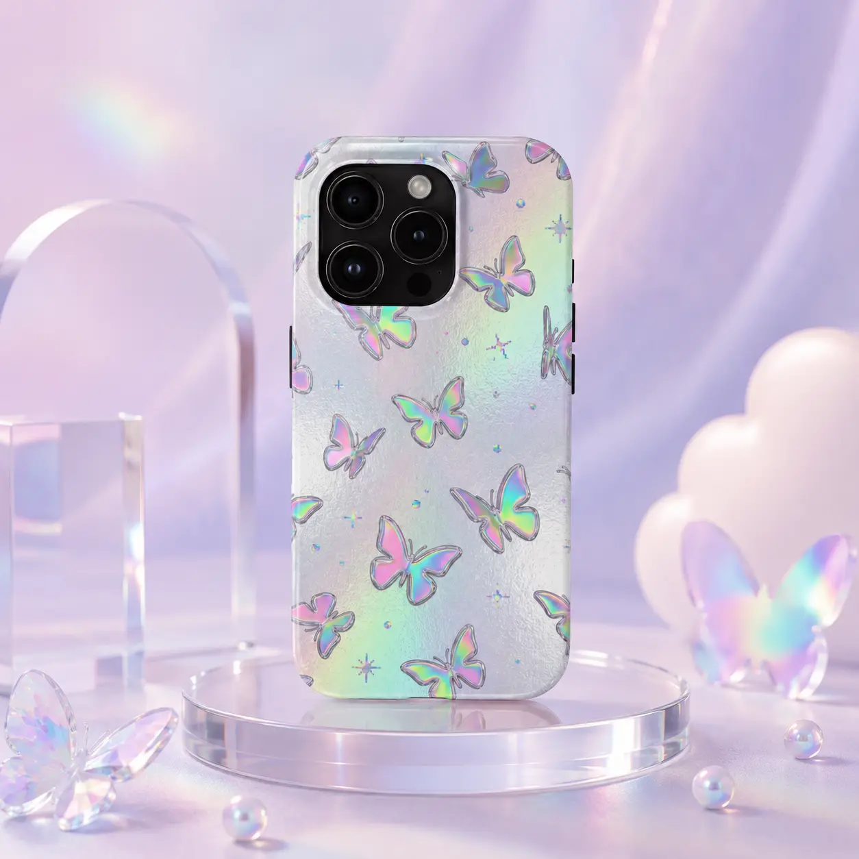 Holographic Butterfly Phone Case – Iridescent Pastel Butterfly Design, Dreamy Aesthetic Protective Case for iPhone
