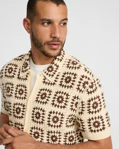 Express Textured Crochet Natural Short Sleeve Sweater Polo