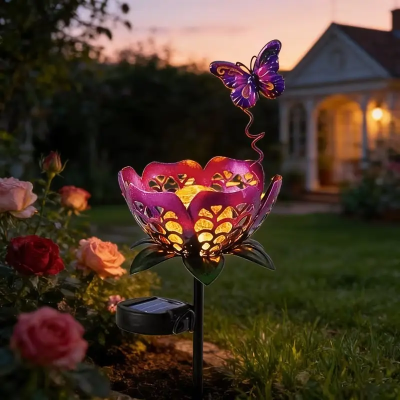 Solar Butterfly Lotus Lamp, Forging Iron Outdoor Statue Decor Light, Garden Lawn Yard Landscape Enhancement, Solar Powered Lighting, Garden Decorative Lighting, Garden Decor Lights, Solar Garden Lamps