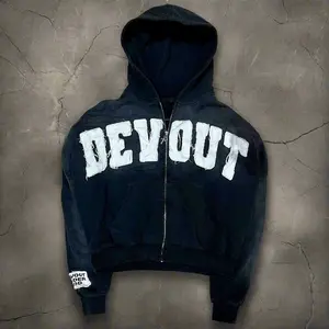DEVOUT Essential Zipup Hoodie - Heavyweight French Terry Cotton with Distressed Denim Embroidery & Custom Cross Zipper