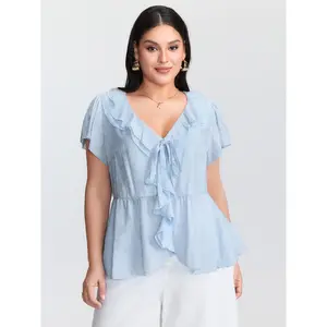 Women's Plus Size Short-Sleeve Polyester Textured Fabric Blouse - Lace, Lady Casual Top with Neck-Lengthening Ruffled Bow-Tie Neckline, Smooth Garment, 2026 Summer Mother's Day Pick [M-6X],summervibes Blue Fit Swimweek
