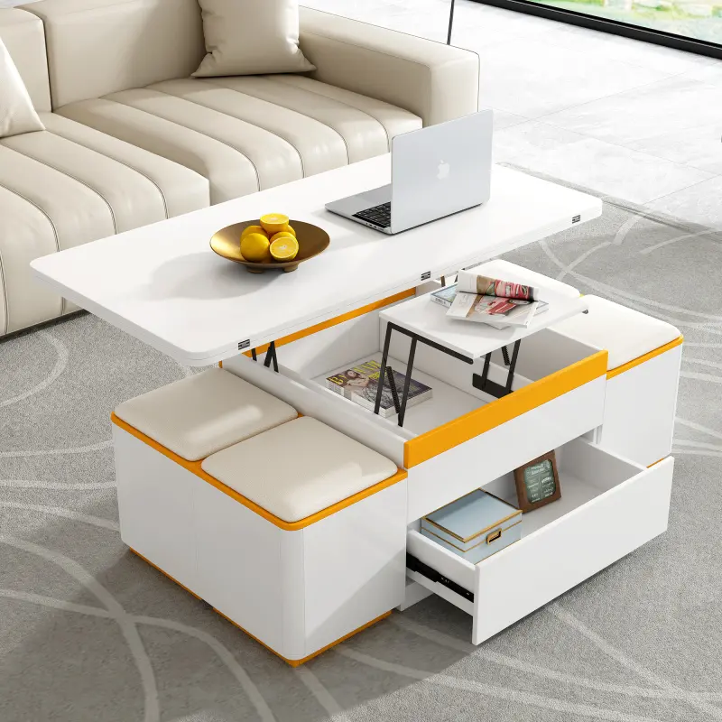 MDF Lift-Top Pre-Drilled Center Table with 4 Storage Stools, Modern Space-Saving Adjustable Foldable Top, Multi-Use Living Room Tables, 4+ Seats Supporting Living Room-Dining Piece, Foldable Dining Table
