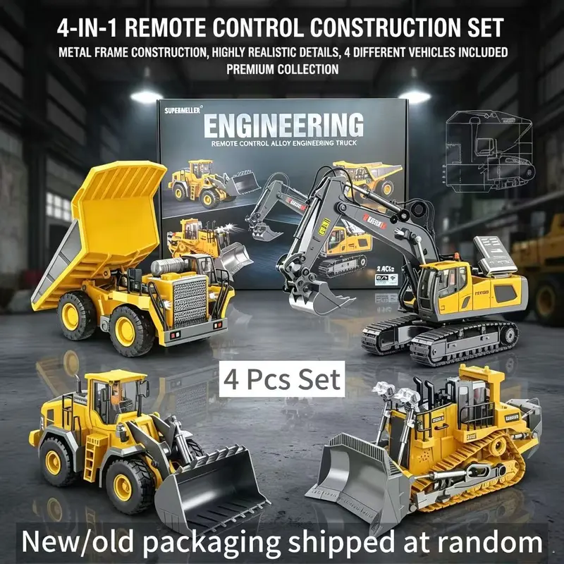SUPERMELER 2.4G 11-Channel Alloy Plastic Construction Vehicle Toy Set - 2/3/4pcs, 2-in-1 Excavator-Bulldozer, RC Lorries, Cells Included, Indoor/Outdoor Play, Holiday Boy Gifts, Unisex Electric High-Tech Toy