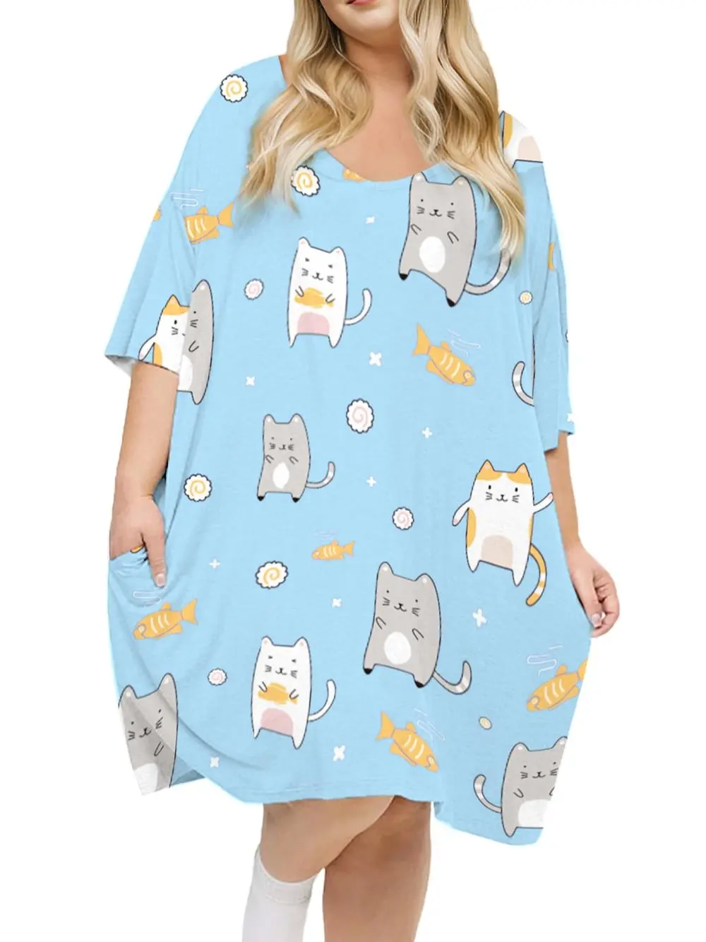 KFUBUO Plus Size Nightgown for Women V-Neck Sleep  Dress Pjs Lounge Short Sleeves Sleepwear With Pocket Fit S-5XL Pajamas Elastic Loungewear Breathable Fabric