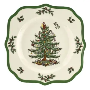 Spode Christmas Tree Scalloped Round Salad Plate - Green Tree Motif Stoneware Serving Plate - 9 in Holiday Appetizer Dish, Dishwasher & Microwave Safe