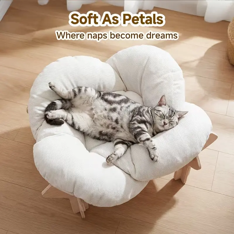 Large Flower-Shaped Elevated Cat Bed for Indoor Cats & Small Dogs, Solid Wood Base, Removable Washable Cushion, Easy Assembly, Space-Saving Pet Lounge