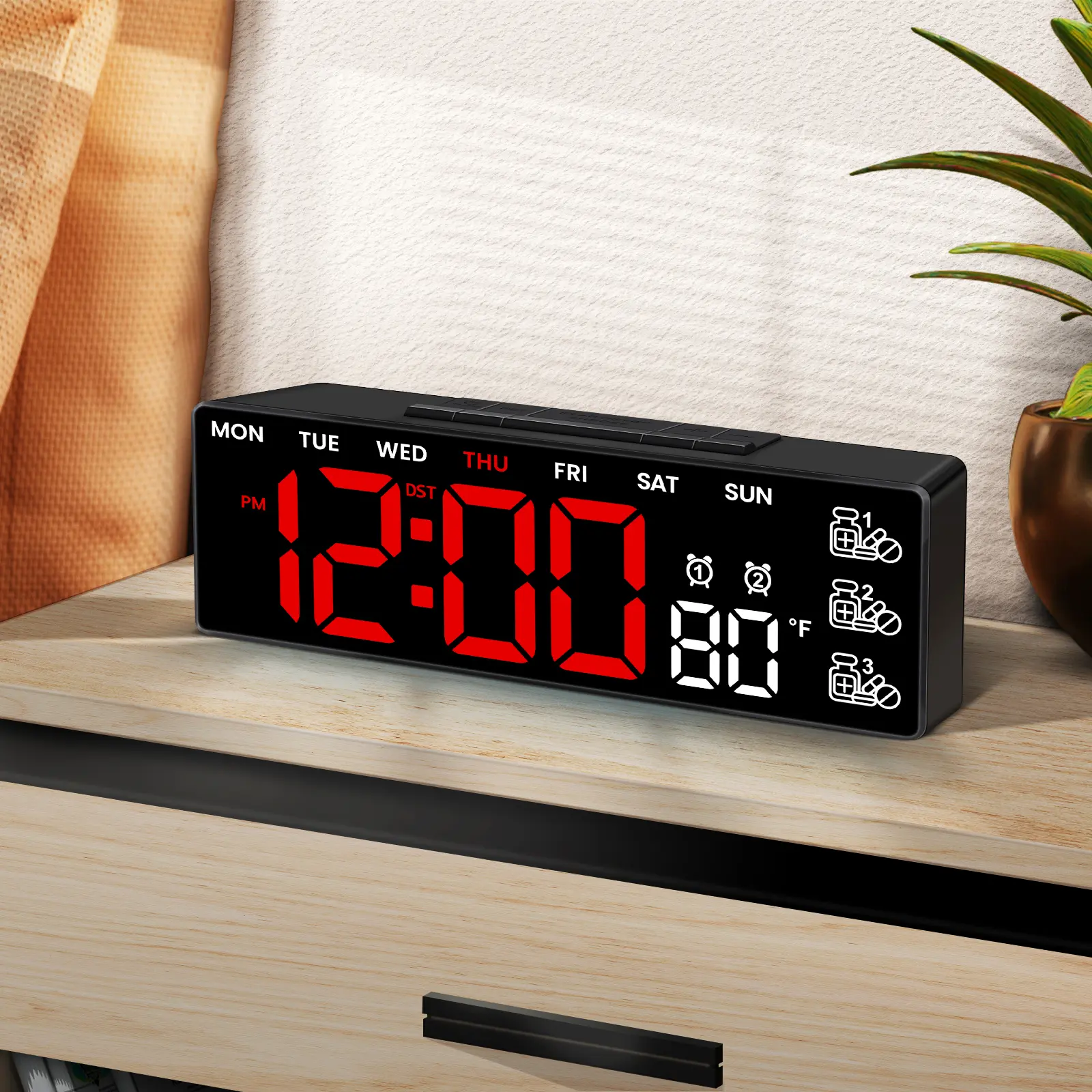 7in Vintage Square LED Digital Desk Clock - Home Supplies Decor with LED Display, Big Digits, USB Charging, Medication Reminder, Date, Temperature, DST, Elderly-Friendly Alarm, ABS Construction for Bedroom, Daily Casual Christmas Gift for Grandparents, Ti