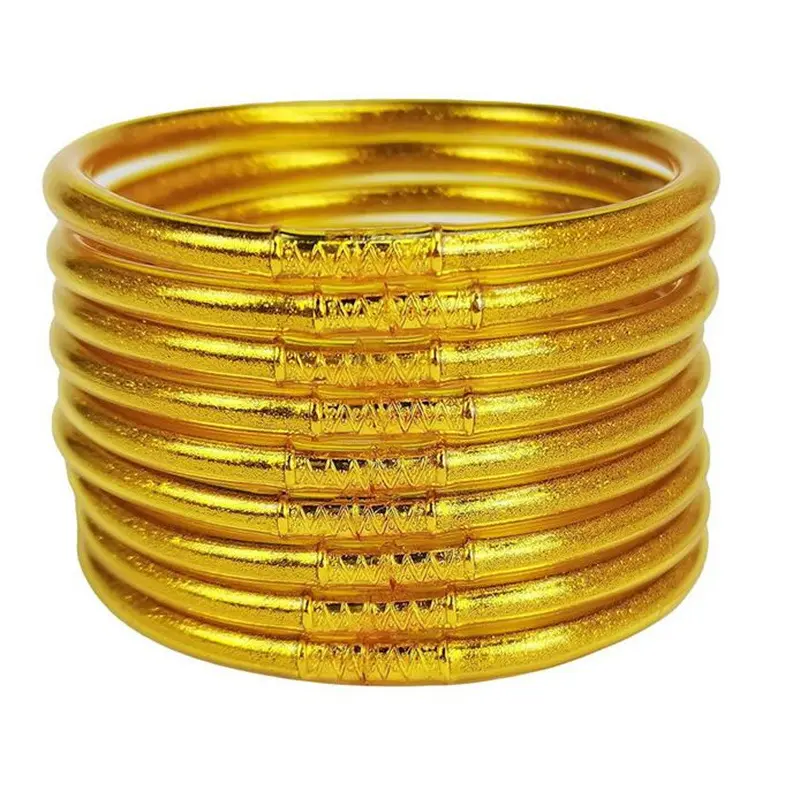 5 colors of cow ring stamping bracelet, glitter and jelly bracelet set, 9 pieces of silicone gold filling bracelet, women's layered shiny bracelet, sparkling!
