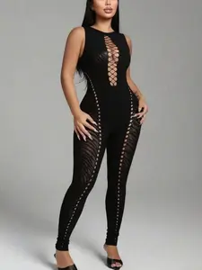 Sexy Ripped Jumpsuit with Mesh See Through Long Sleeved Tight Suspenders for Women Black Bodysuit Womenswear Tops Basic Minimalist Sleeveless