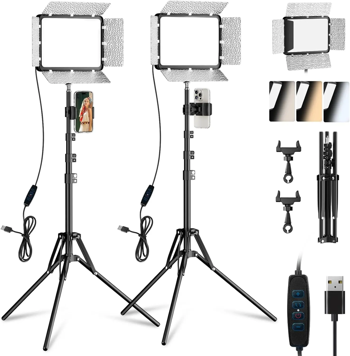 EMART 2-Count LED Video Light Kit with Phone Holder & Barndoor - 2800-7000K Dimmable Studio Lighting for Streaming, YouTube and Content Creation, Photo Studio Christmas Thanksgiving New Year Gift Youtube Tiktok Video