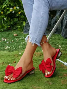 Women's Plus Size New Bowknot Decorated Square-Toe Chunky Heel Fashion Sandals for Everyday Wear, Simple and Comfortable, Versatile High-Heel Sandals for Shopping, Footwear