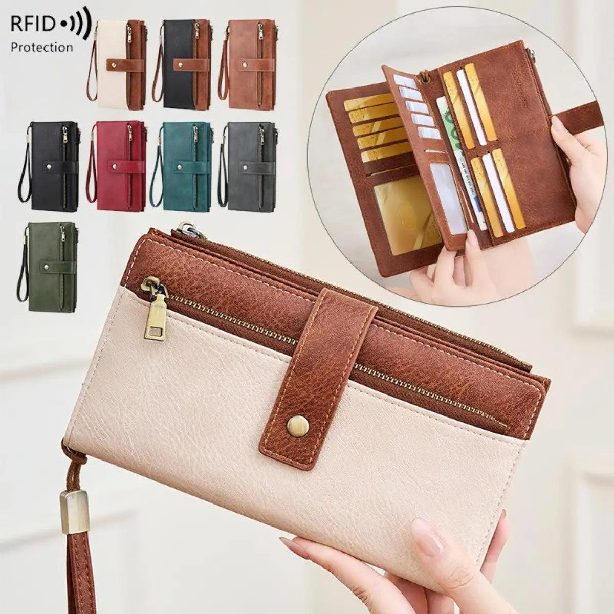 Women's Trifold Long RFID Blocking Wallet - Multiple Card Slots, European American Retro Fashion, Business Minimalist Handbag, Trifold Wallet, Business Minimalist Wallet