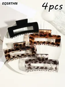 4-Piece Leopard Print Rectangular Hair Claw Set, Festival Bestseller! Fashionable design, slip-resistant and durable, easily secures thick, wavy, and fine hair, perfect for women's daily and party styling to showcase individual charm! Hair Clips
